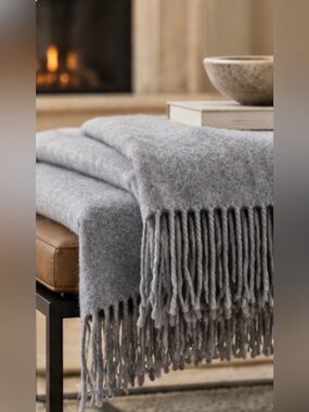 Restoration Hardware 100% Cashmere Throw Blanket Gray Fringe Luxury Home